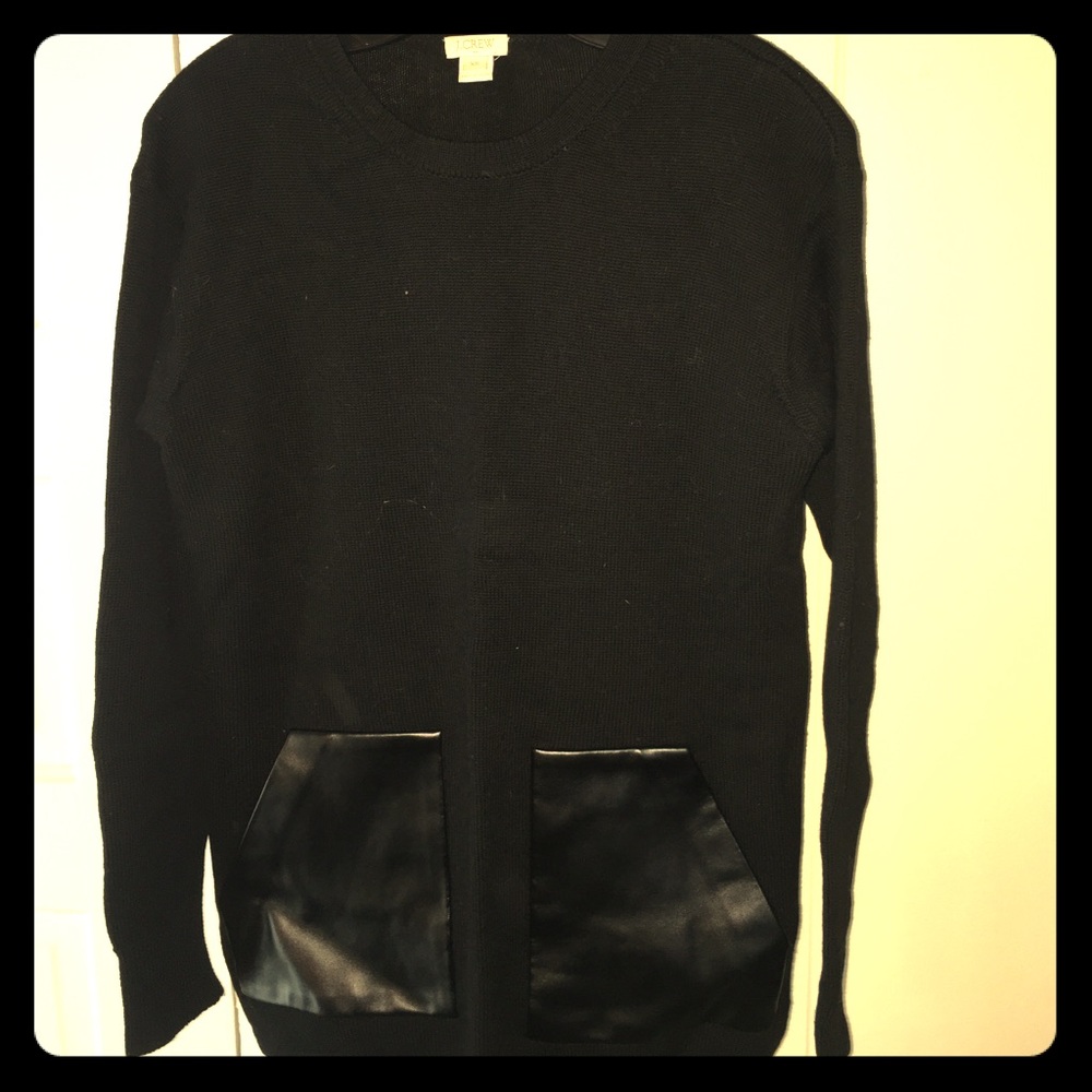 J Crew Sz XS Black Faux Leather Detail Sweater